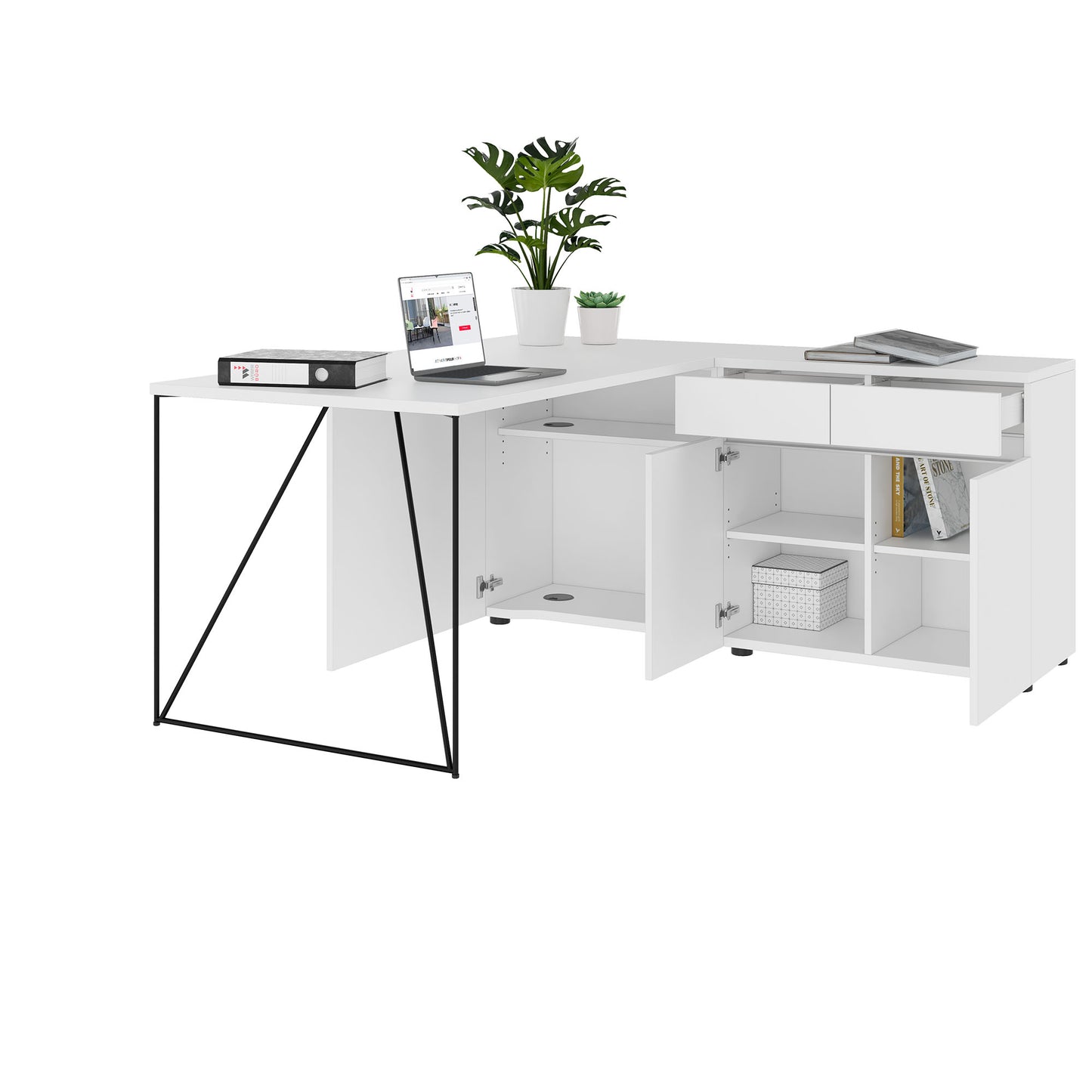 AIR Scrivania | 1600 - 2000 mm, credenza elettrificata, integrata, bianco
