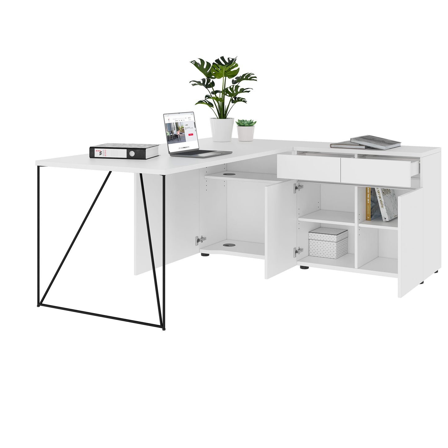 AIR Scrivania | 1600 - 2000 mm, credenza elettrificata, integrata, bianco