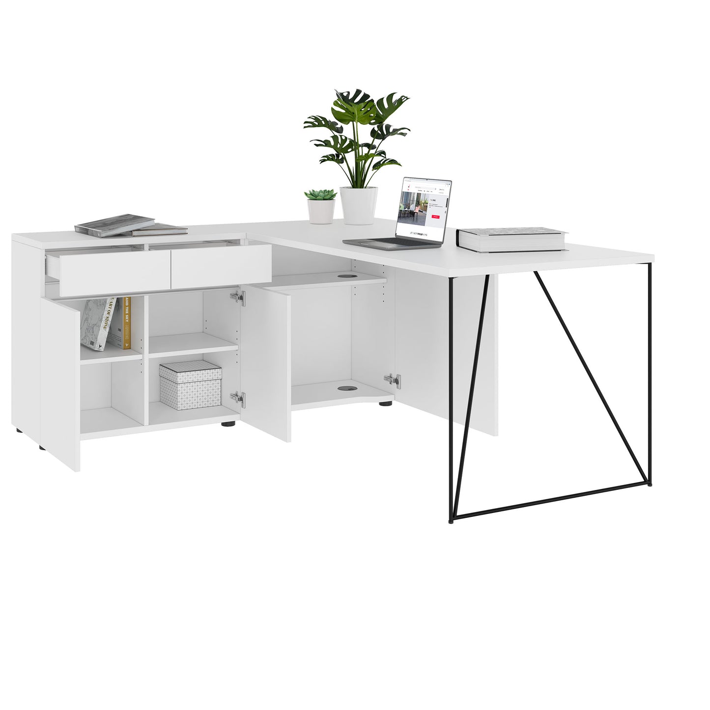 AIR Scrivania | 1600 - 2000 mm, credenza elettrificata, integrata, bianco