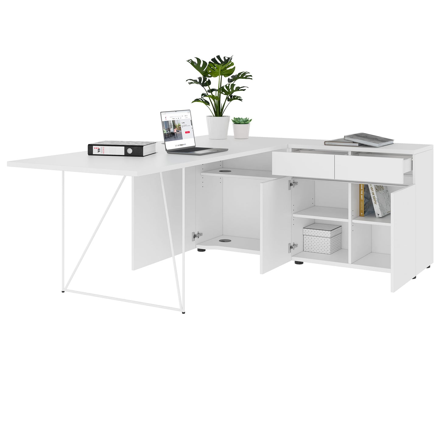 AIR Scrivania | 1600 - 2000 mm, credenza elettrificata, integrata, bianco