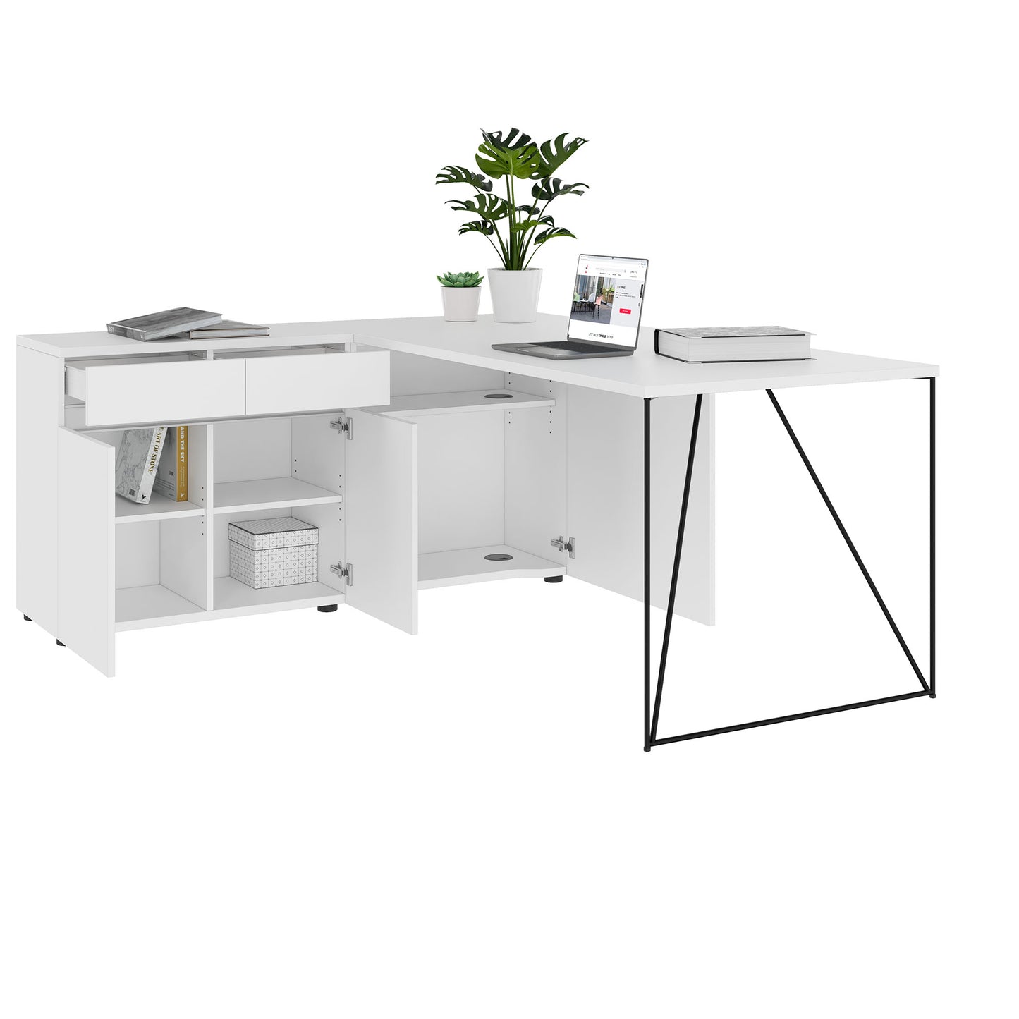 AIR Schreibtisch | 1600 - 2000 mm, elektrifiziert, integriertes Sideboard, Weiß