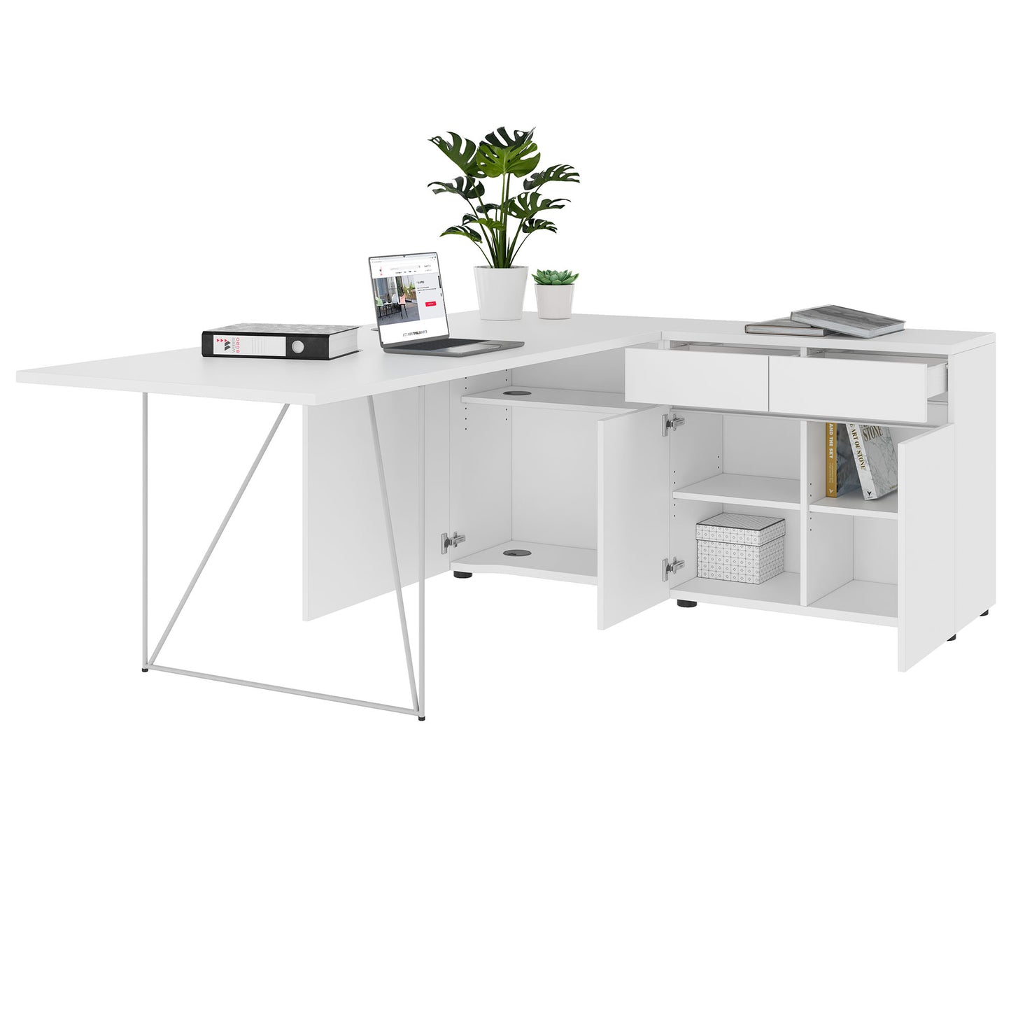 AIR Scrivania | 1600 - 2000 mm, credenza elettrificata, integrata, bianco