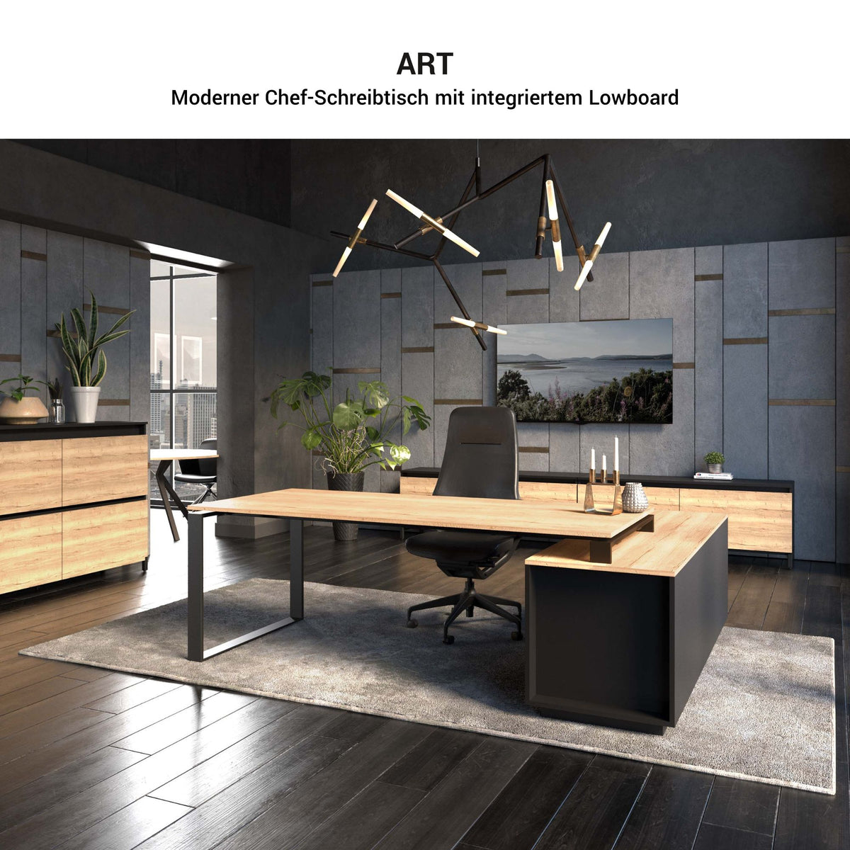 ART Chef-Schreibtisch | 2240 x 1800 mm, Integriertes Lowboard, Wildeiche-Dunkelgrau - 4 Lightbox Main Image