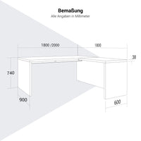 BRALCO SILE Schreibtisch mit Anbautisch | 1800 - 2000 mm, Winkelschreibtisch, Kabelkanal, Wangengestell, Nussbaum