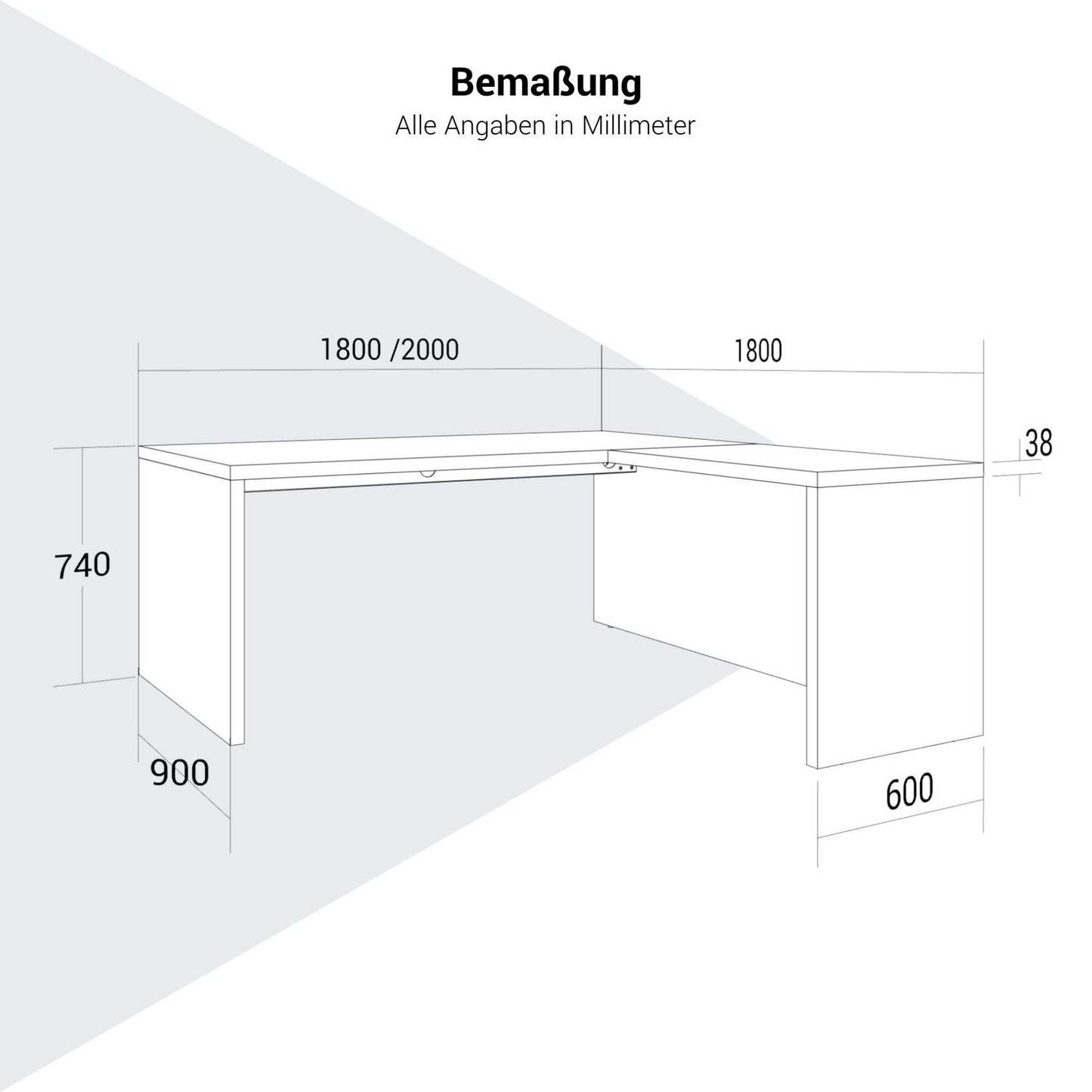 BRALCO SILE desk with extension table | 1800 - 2000 mm, angle desk, cable duct, side frame, black