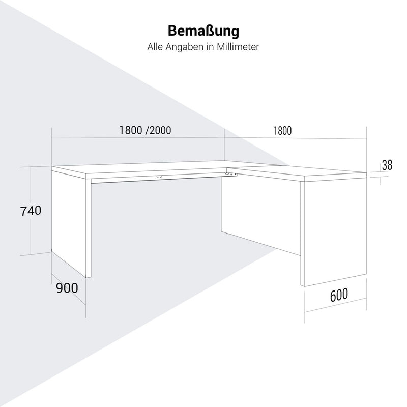 Bralco SILE Bureau avec table de culture | 1800 - 2000 mm, bureau angulaire, conduit de câble, cadre de joue, noir - 11 Main Image