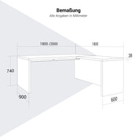 BRALCO SILE Schreibtisch mit Anbautisch | 1800 - 2000 mm, Winkelschreibtisch, Kabelkanal, Wangengestell, Schwarz