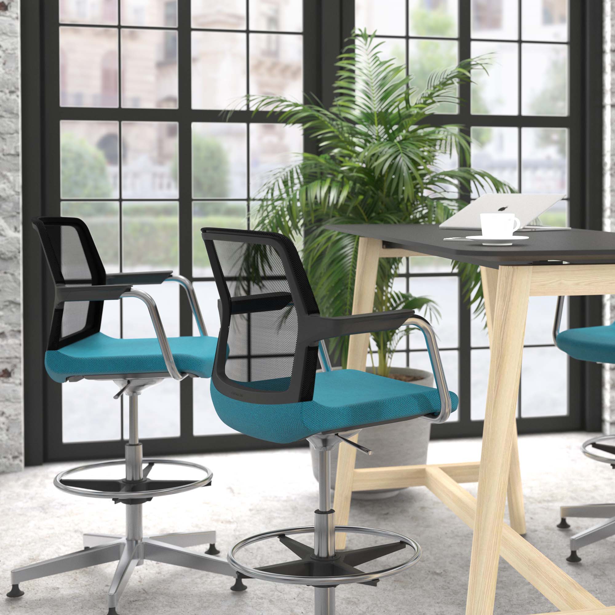 WIND Counter chair | 5-star base, footrest, network back, polyester cover Berta