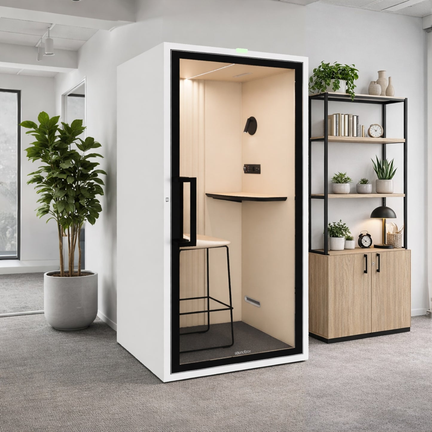 Soundbox ART S Telefonbox | Schallschutz Klasse A | Für 1 Person | Tisch & Barhocker | Belüftung, Beleuchtung & Stromversorgung | Für Großraumbüros