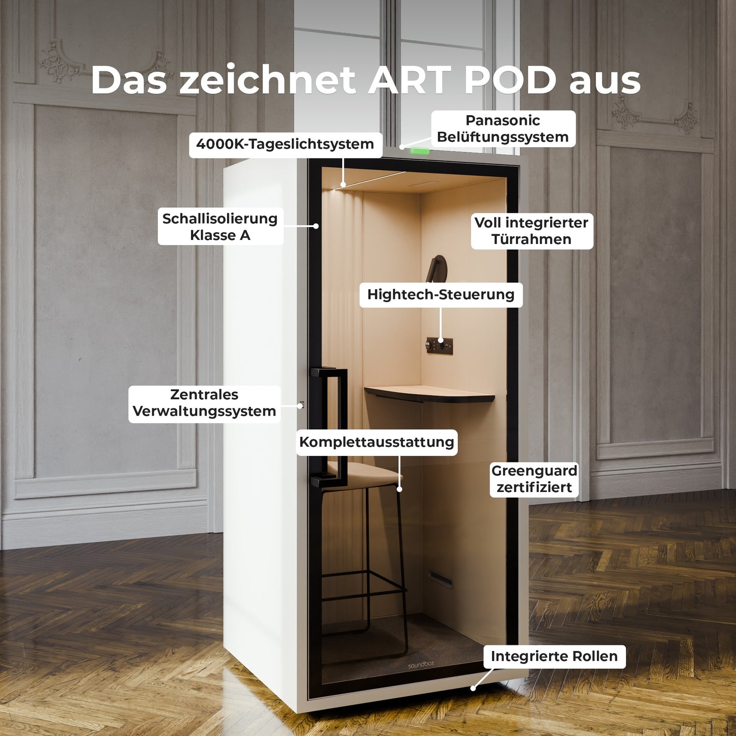 Soundbox ART S Telefonbox | Schallschutz Klasse A | Für 1 Person | Tisch & Barhocker | Belüftung, Beleuchtung & Stromversorgung | Für Großraumbüros