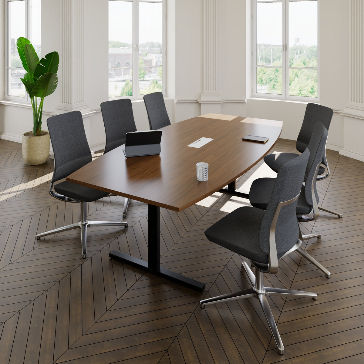 T-EASY Konferenztisch | Bootsform, 1800 - 2400 mm (6 - 10 Personen), Kabelklappe optional, Nussbaum - 10 Lightbox Main Image
