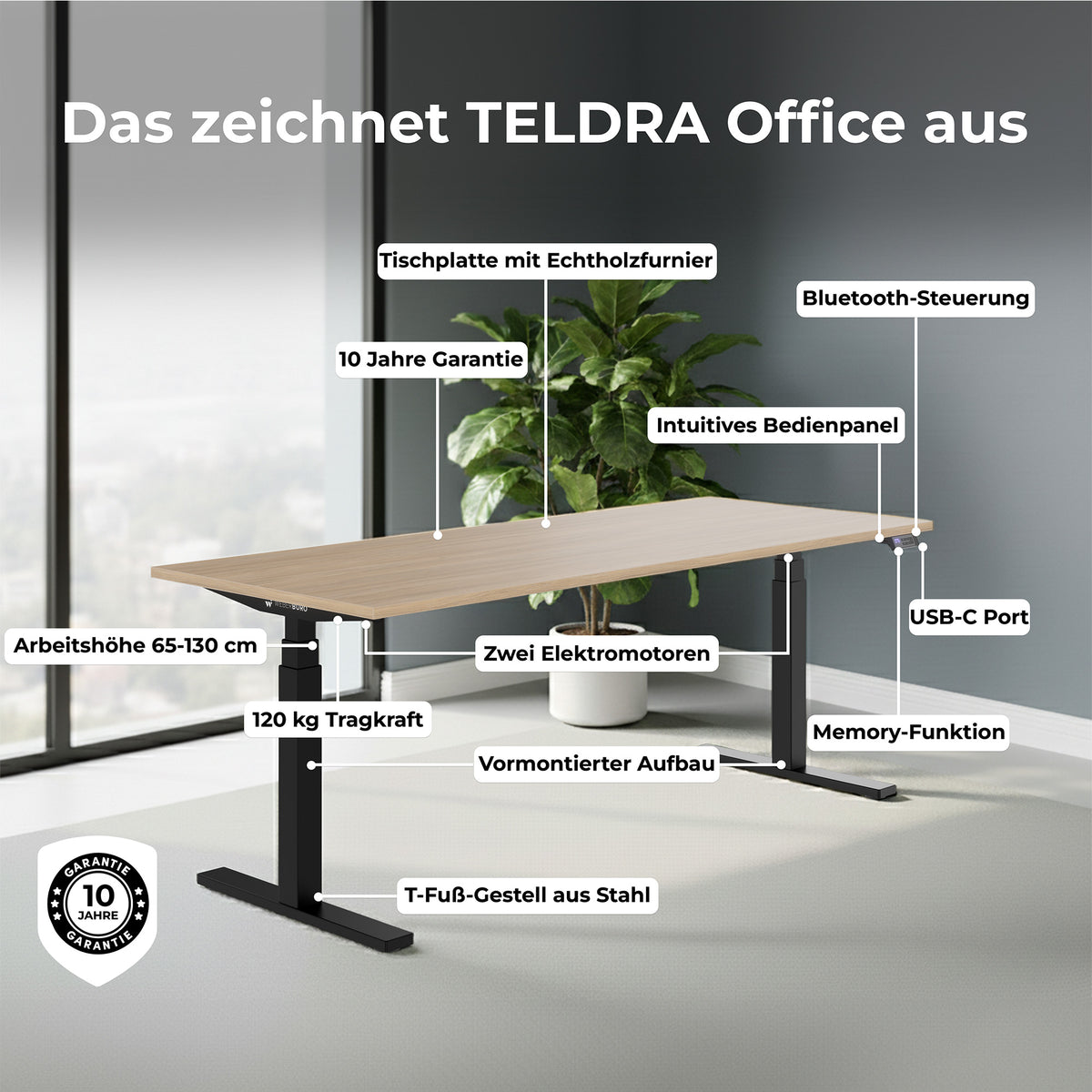 TELDRA Office, 2-Motoren-Schreibtisch | 1600 - 1800 mm, elektrisch höhenverstellbar, Echtholz-Furnier Eiche