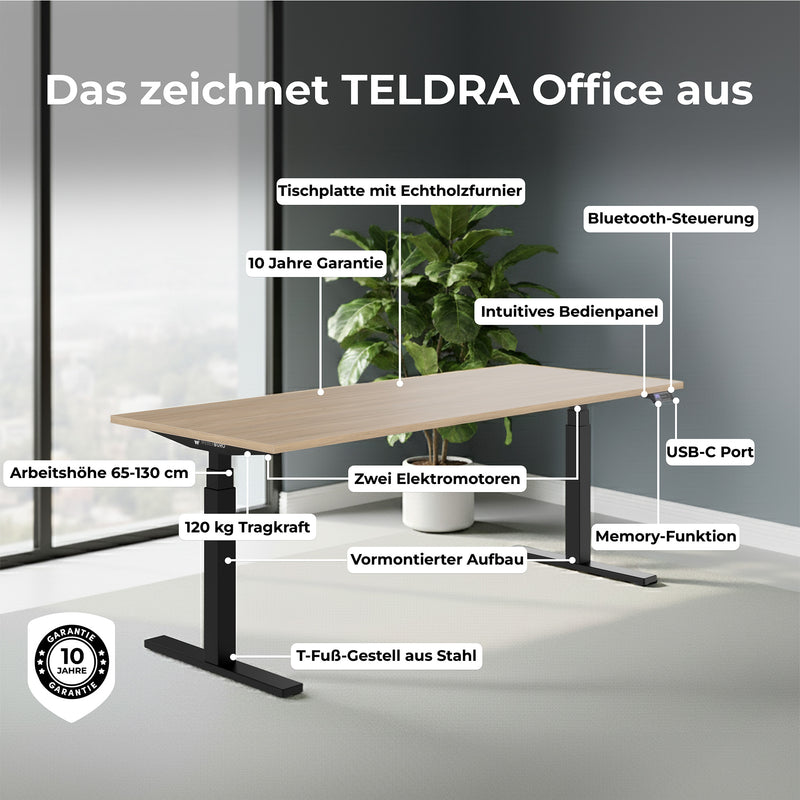 TELDRA Office, 2-Motoren-Schreibtisch | 1600 - 1800 mm, elektrisch höhenverstellbar, Echtholz-Furnier Eiche - 16 Main Image