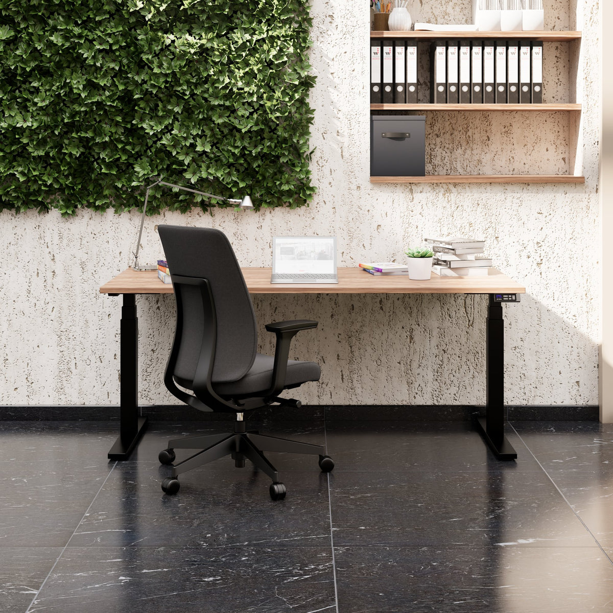 TELDRA Office, scrivania a 2 motori | 1600 - 1800 mm, regolabile elettricamente in altezza, impiallacciatura in vero legno noce 