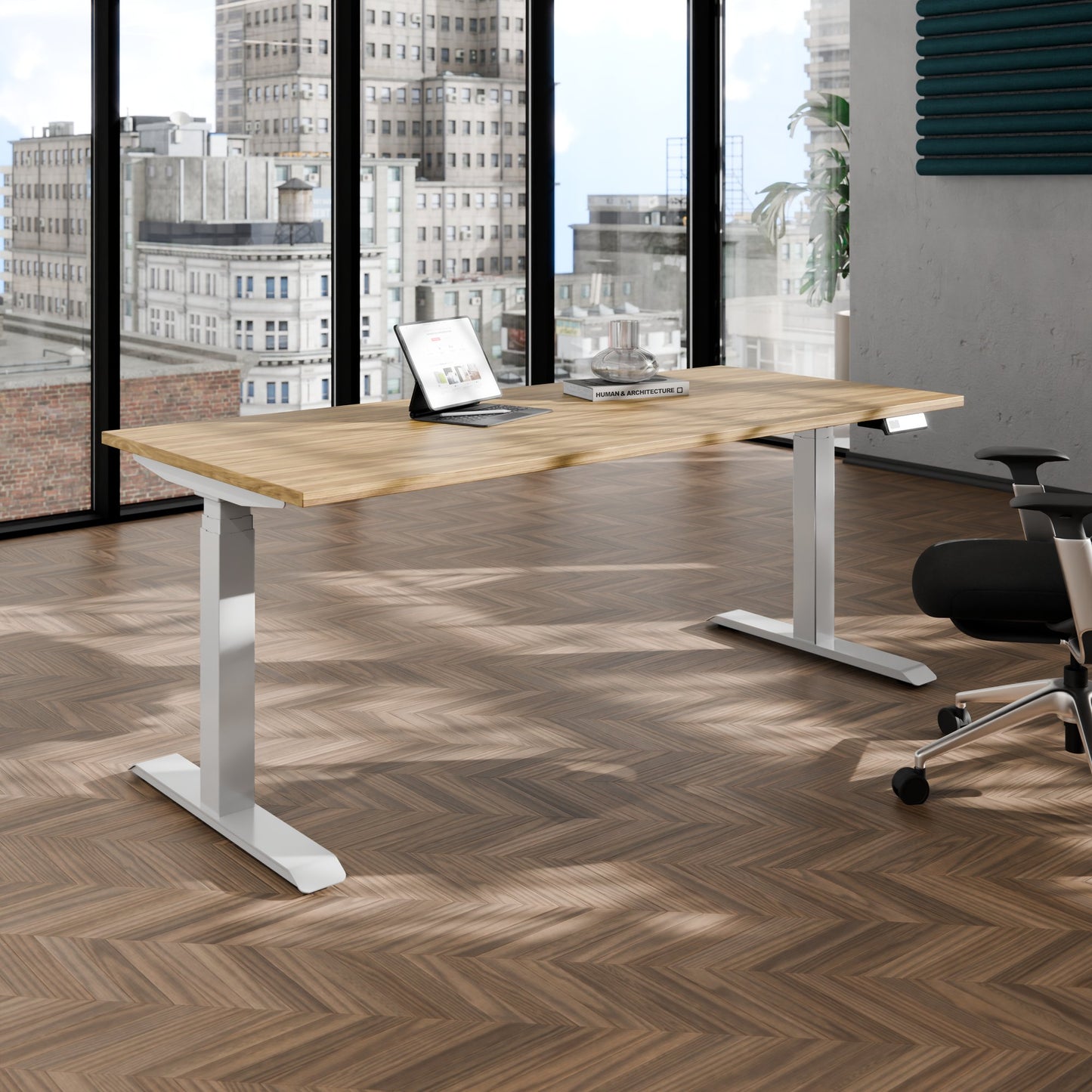 TELDRA Pro, Bureau à 2 moteurs | 1600 - 2000 mm, réglable à la hauteur électrique, chêne en placage en bois réel