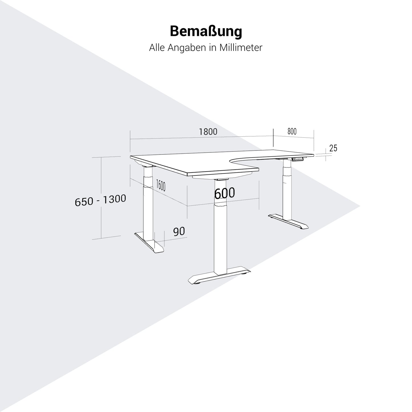 TELDRA Pro, tavolo da scrivania angolare a 3 motori | 1800 x 1600 mm, regolabile in altezza elettricamente, grigio perla