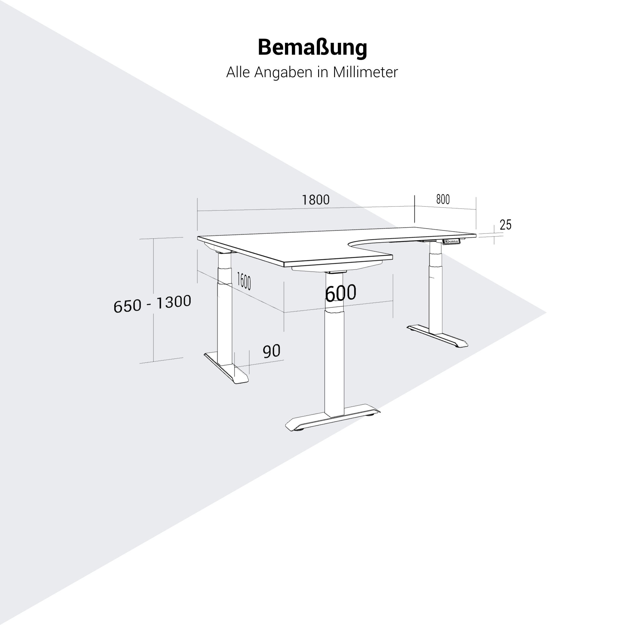 TELDRA Pro, scrivania angolare a 3 motori | 1800 x 1600 mm, regolabile elettricamente in altezza, grigio perla