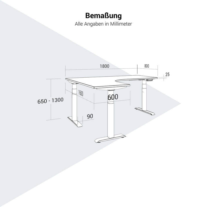 TELDRA Pro, scrivania angolare a 3 motori | 1800 x 1600 mm, regolabile elettricamente in altezza, grigio perla
