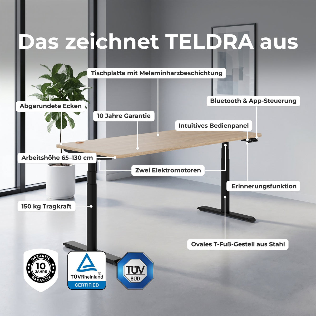 TELDRA Pro Curve, 2-Motoren-Schreibtisch | 1200-1800 mm, elektrisch höhenverstellbar, Perlgrau - 5 Lightbox Main Image