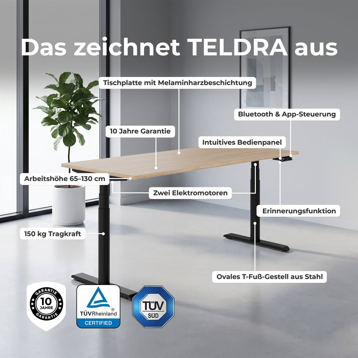 TELDRA Pro Curve, 2-Motoren-Schreibtisch | 1600-1800 mm, elektrisch höhenverstellbar, Cubanitgrau