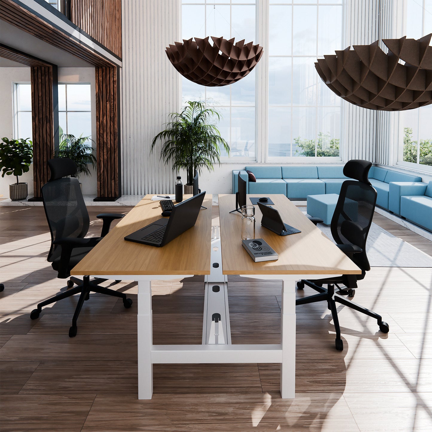 TELDRA Pro Team-Schreibtisch | 1600-1800 mm, elektrisch höhenverstellbar, Echtholz-Furnier Eiche