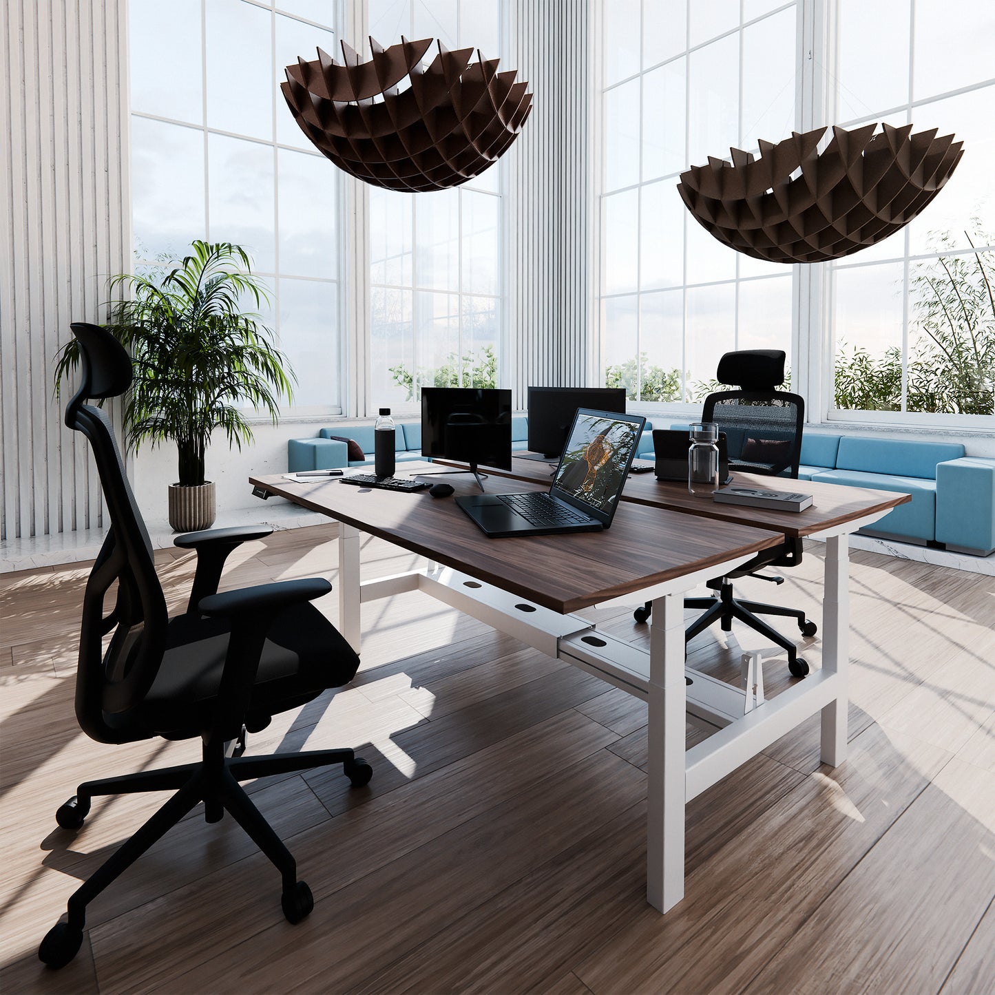 TELDRA Pro Team-Schreibtisch | 1600-1800 mm, elektrisch höhenverstellbar, Echtholz-Furnier Nussbaum