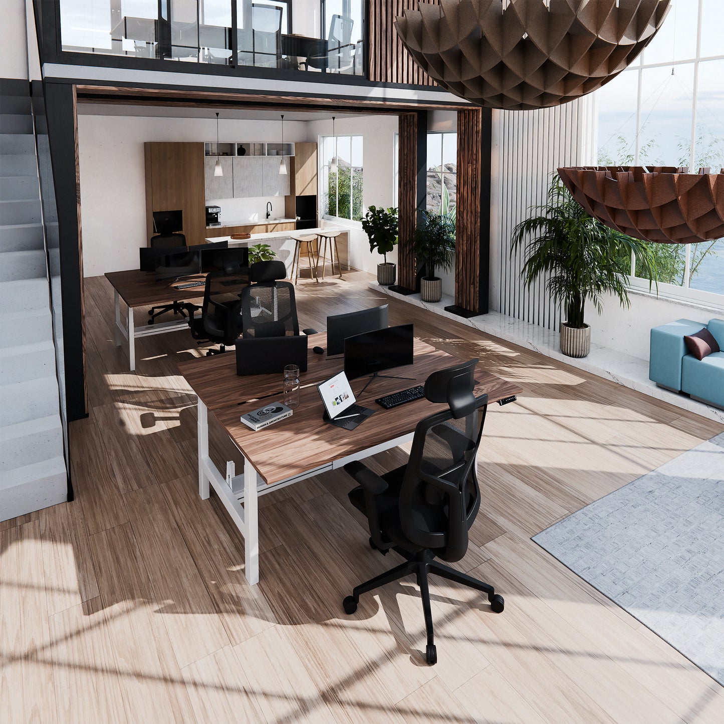 TELDRA Pro Team-Schreibtisch | 1600-1800 mm, elektrisch höhenverstellbar, Echtholz-Furnier Nussbaum