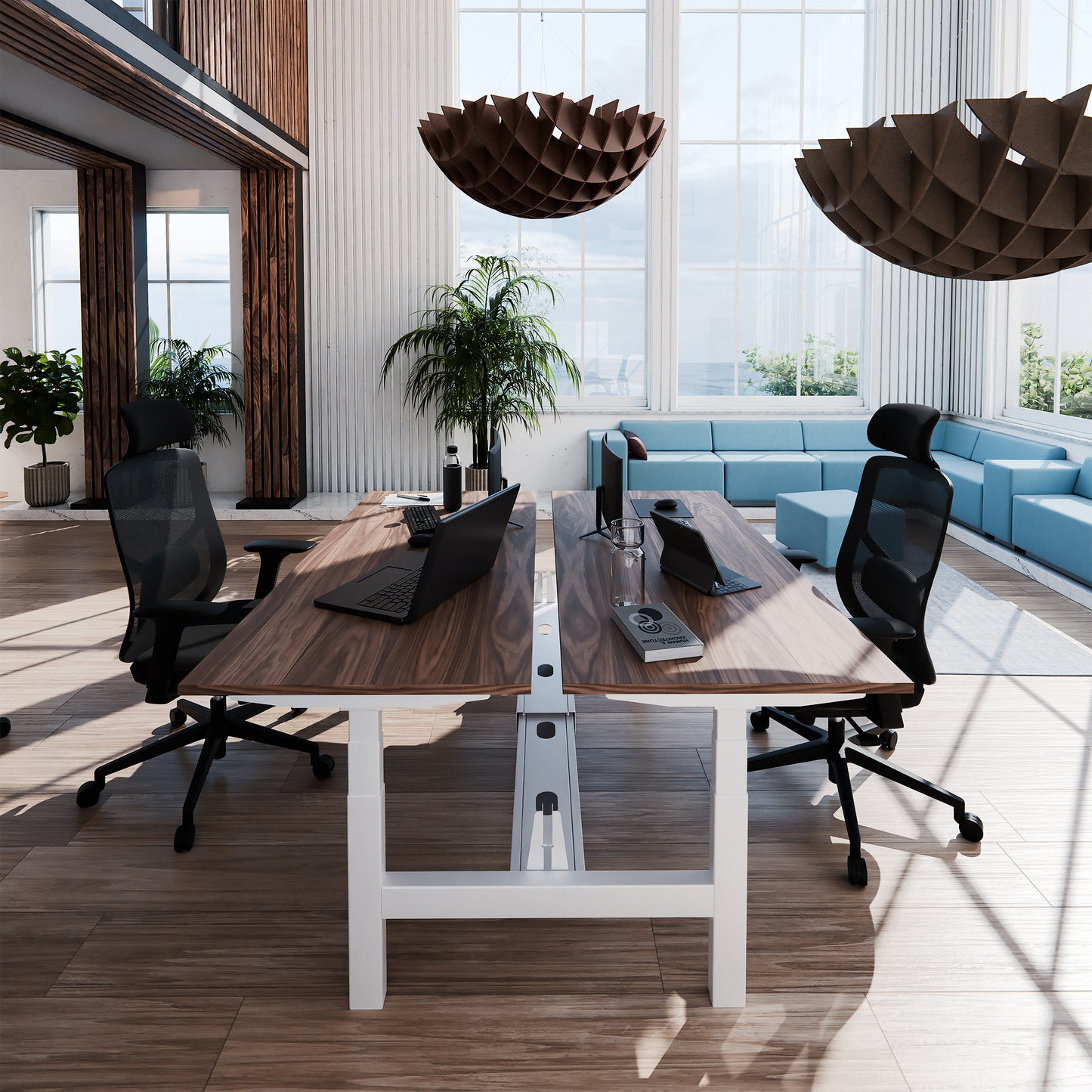 TELDRA Pro Team-Schreibtisch | 1600-1800 mm, elektrisch höhenverstellbar, Echtholz-Furnier Nussbaum