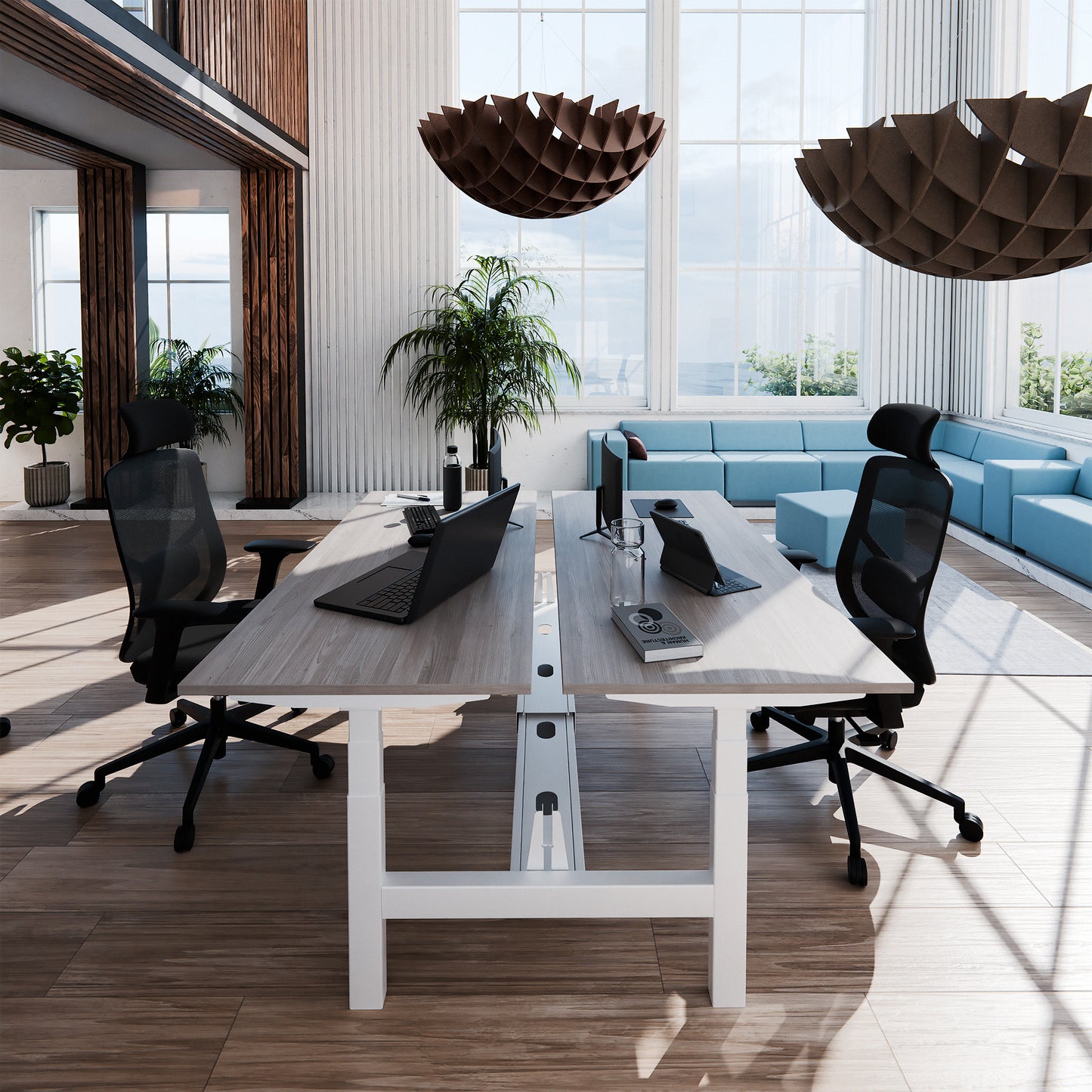 TELDRA Pro Team-Schreibtisch | 1600-1800 mm, elektrisch höhenverstellbar, Nordeiche grau