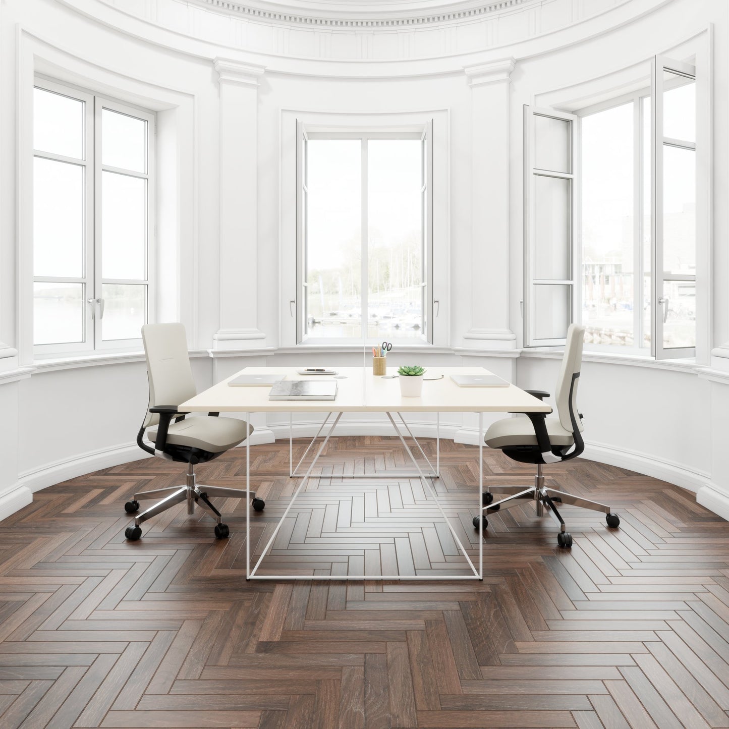 AIR DUO Desk del team | 1600 x 1600 mm, elettrificato, acero