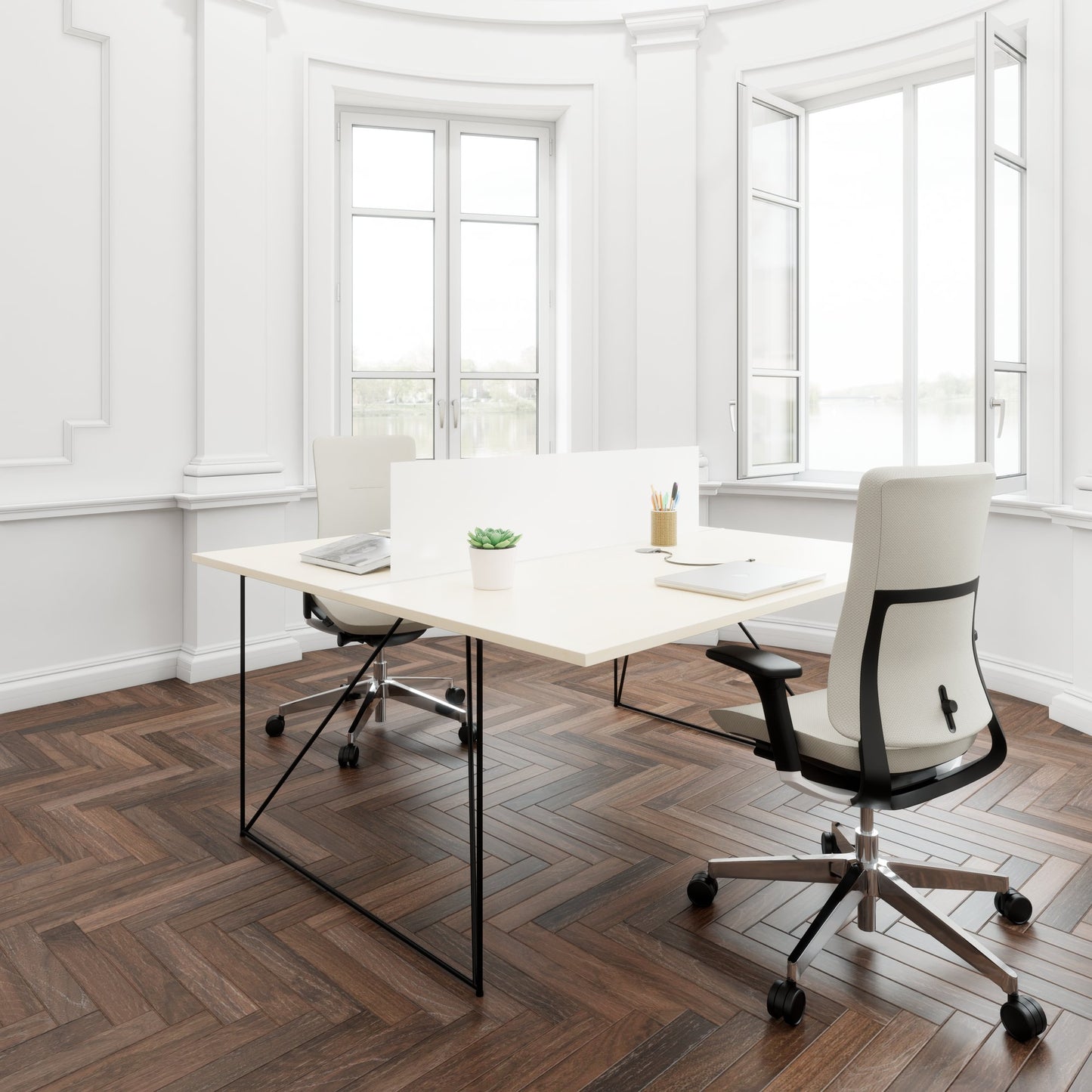 AIR DUO Desk del team | 1600 x 1600 mm, elettrificato, acero