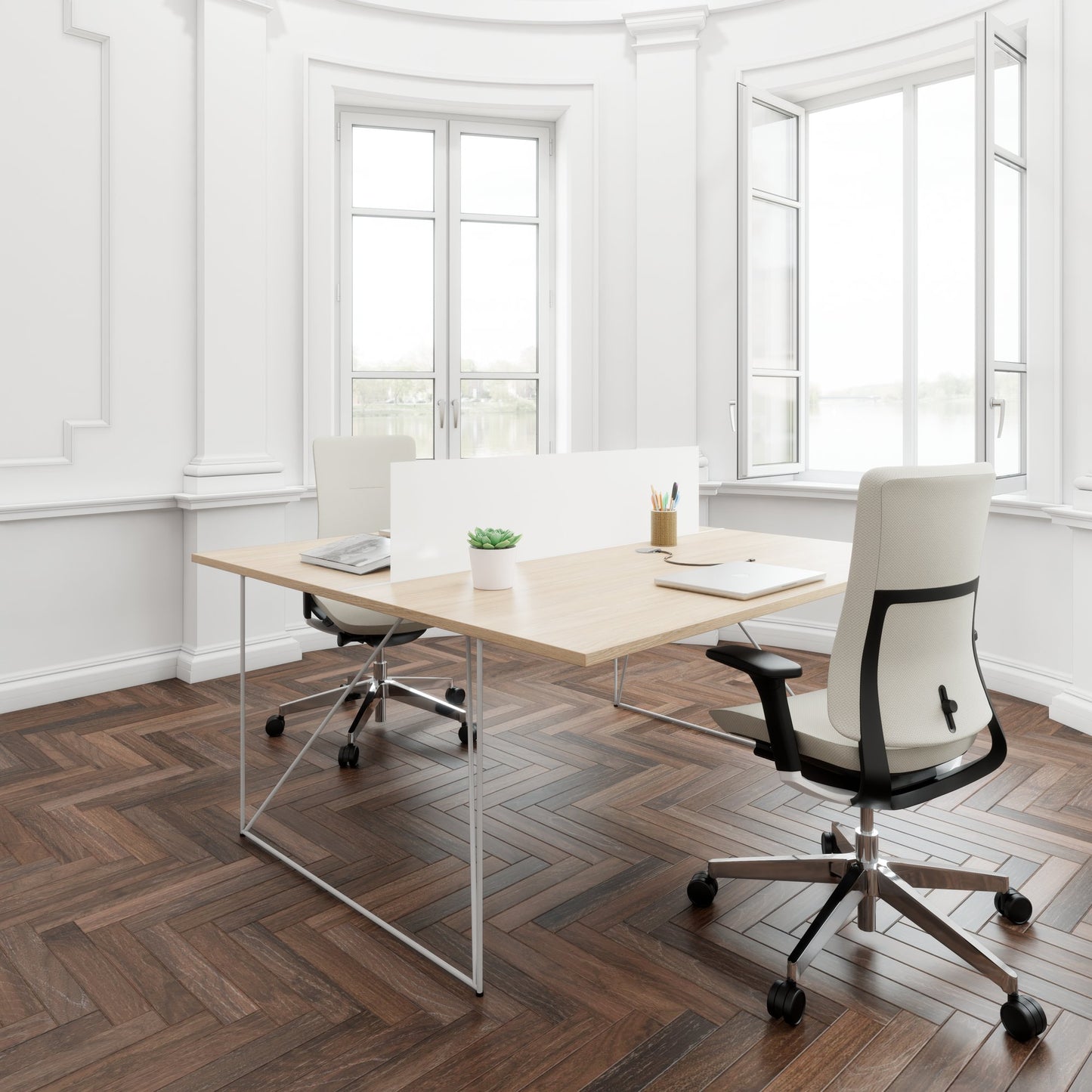 AIR DUO Team-Schreibtisch | 1600 x 1600 mm, elektrifiziert, Bernsteineiche