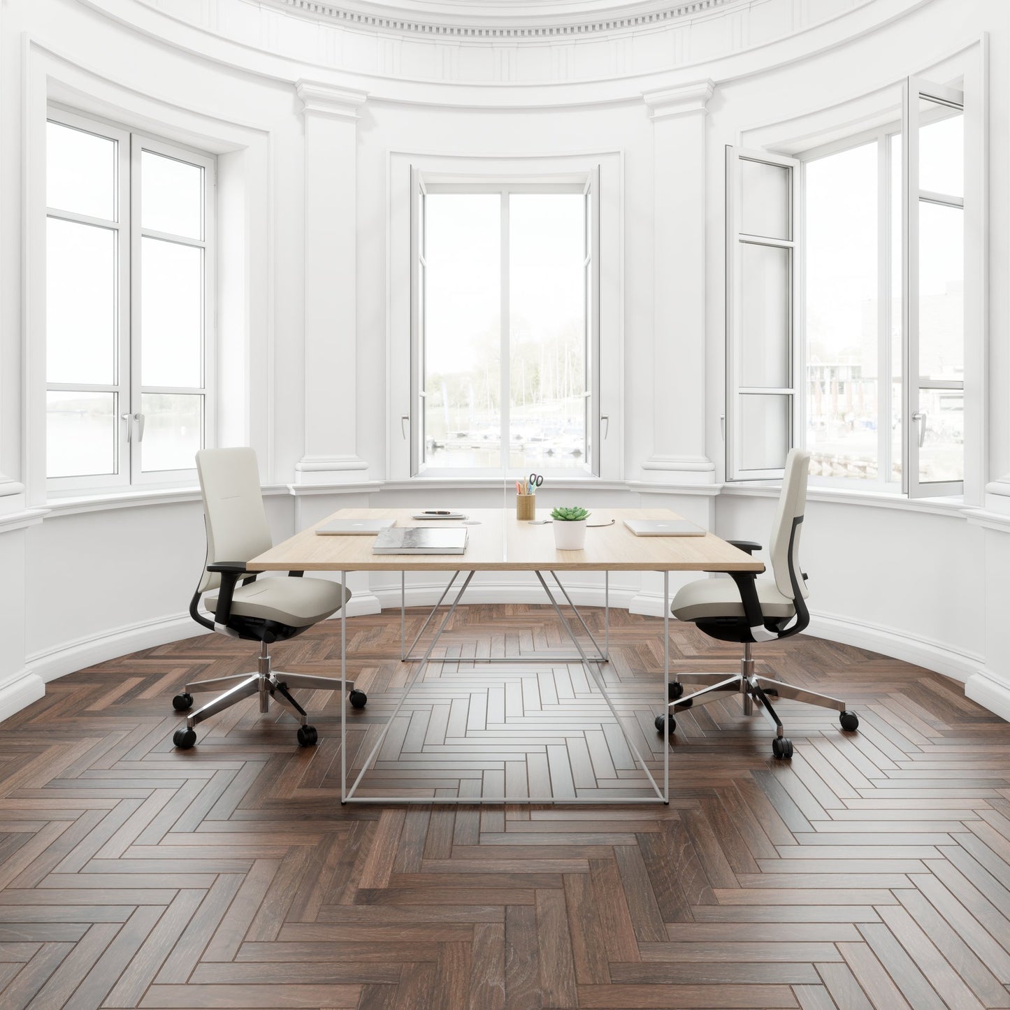 AIR DUO Desk del team | 1600 x 1600 mm, quercia ambra elettrificata