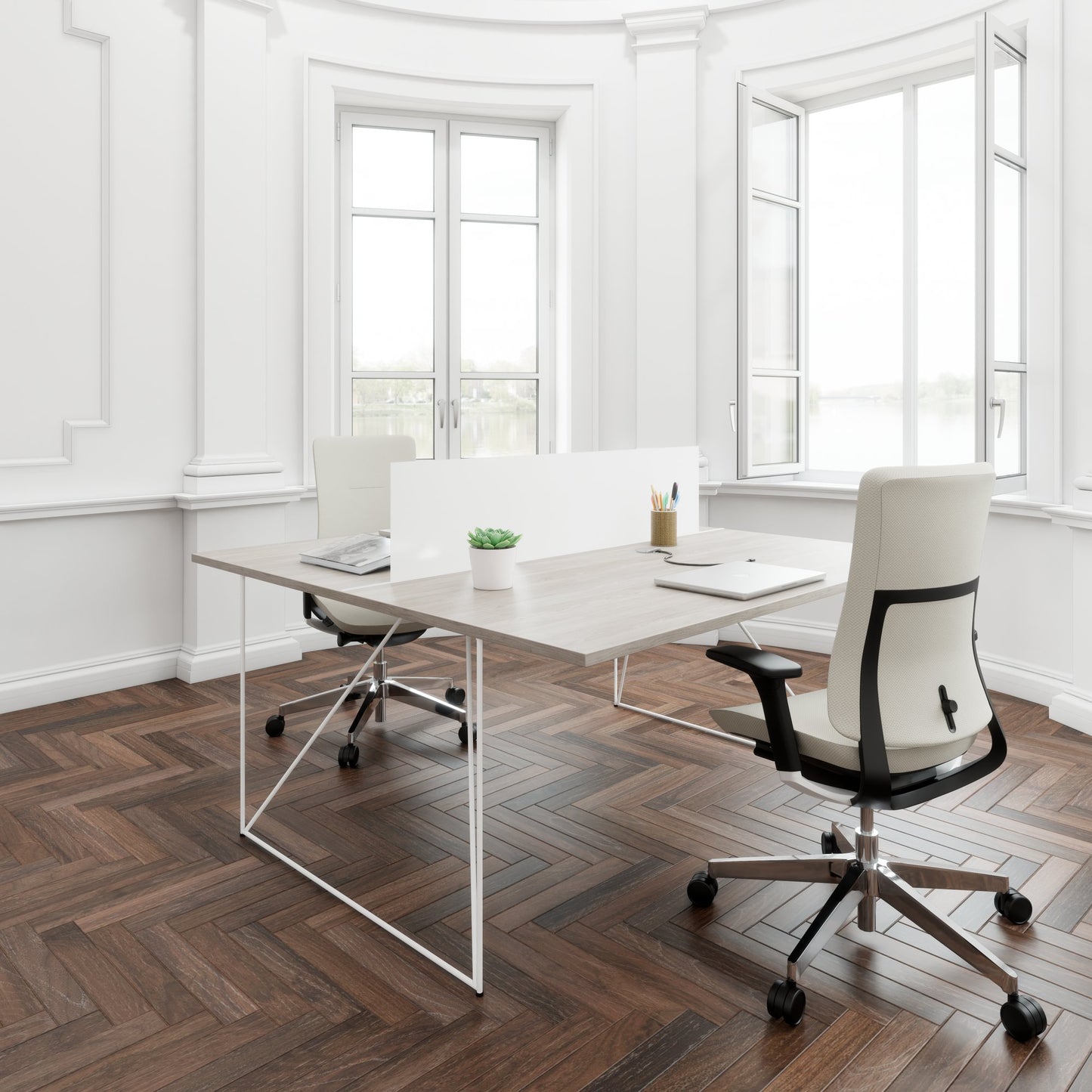 AIR DUO Desk del team | 1600 x 1600 mm, elettrificato, grigio di quercia nord