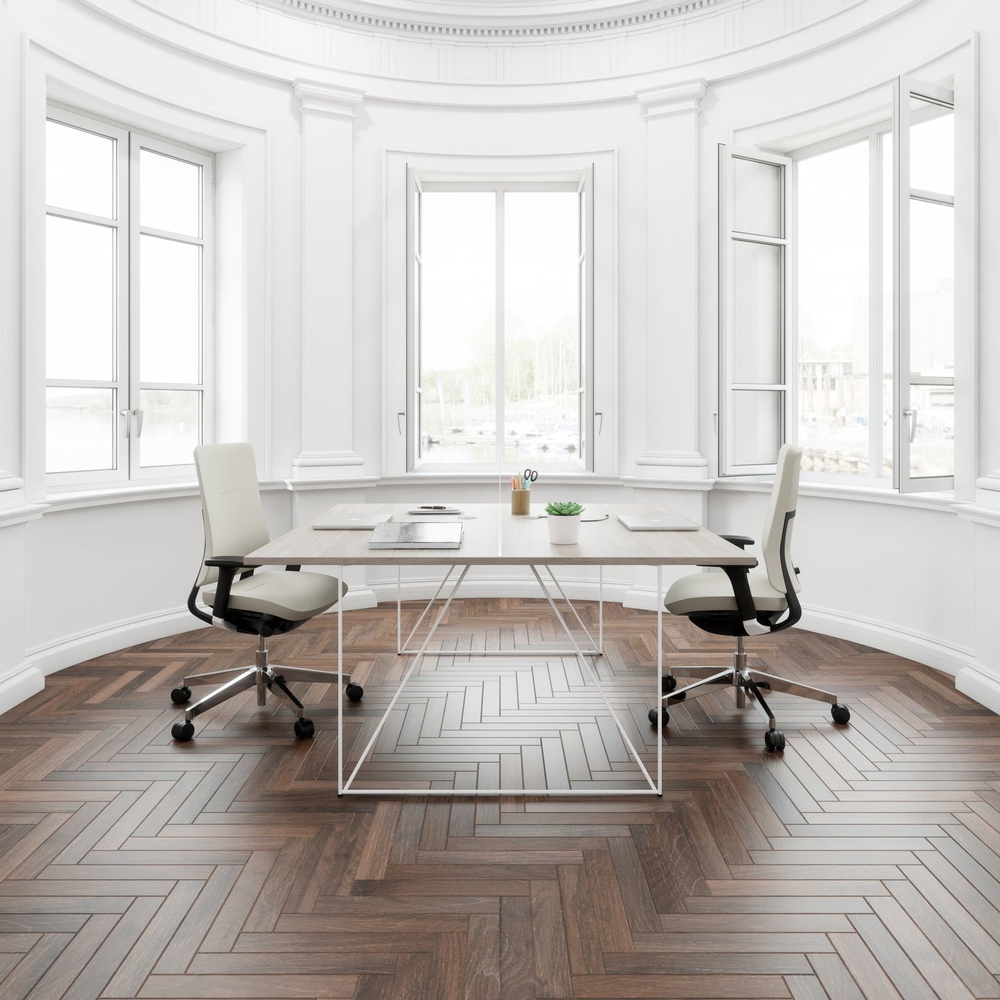 AIR DUO Desk del team | 1600 x 1600 mm, elettrificato, grigio di quercia nord