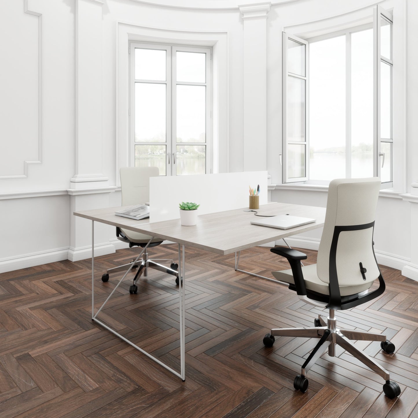 AIR DUO Desk del team | 1600 x 1600 mm, elettrificato, grigio di quercia nord