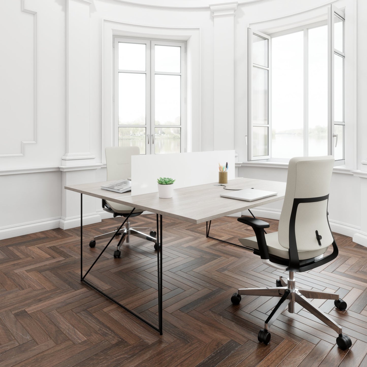 AIR DUO Desk del team | 1600 x 1600 mm, elettrificato, grigio di quercia nord