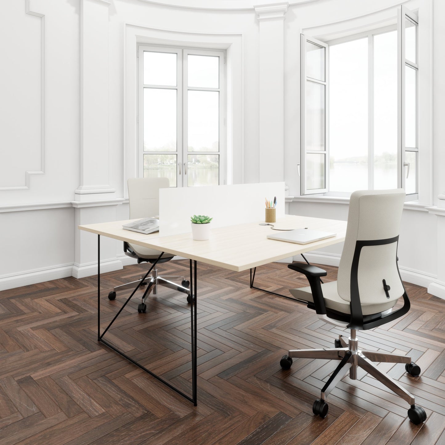 AIR DUO Desk del team | 1600 x 1600 mm, elettrificato, cenere di sabbia