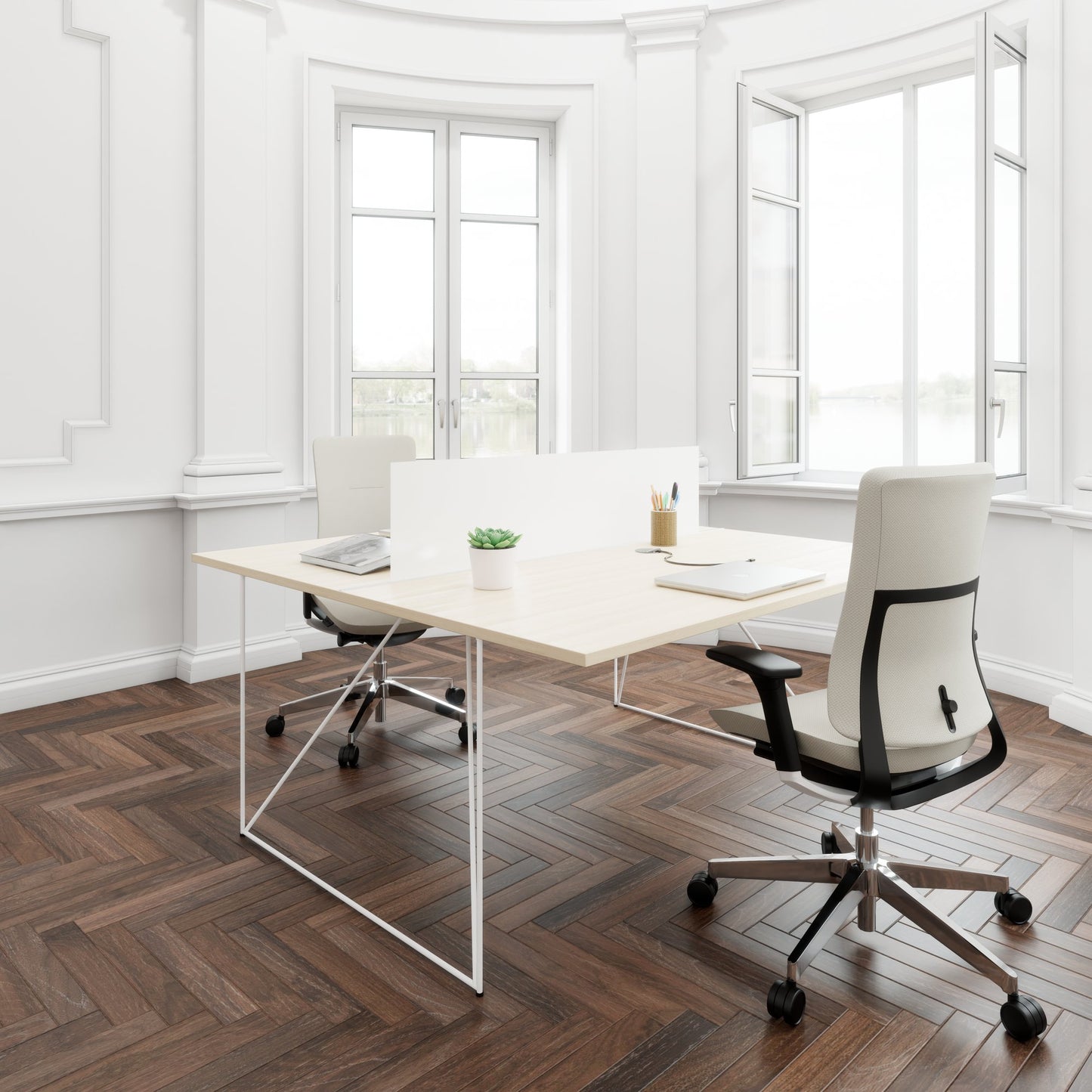 AIR DUO Desk del team | 1600 x 1600 mm, elettrificato, cenere di sabbia