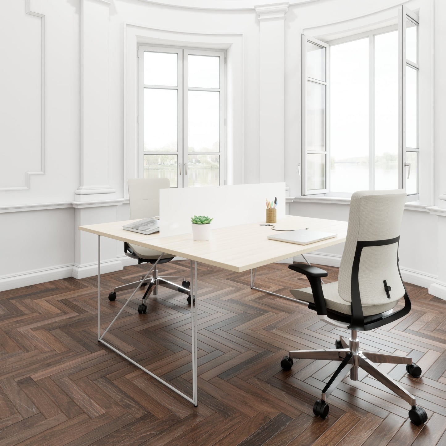 AIR DUO Desk del team | 1600 x 1600 mm, elettrificato, cenere di sabbia