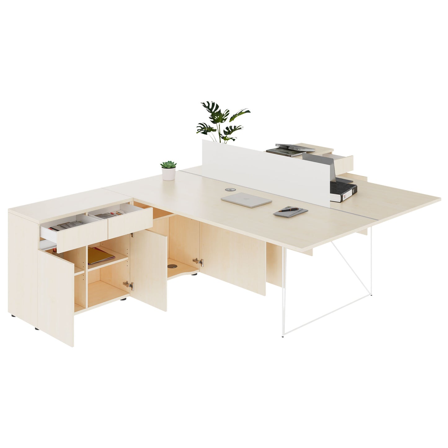 Bureau d'équipe AIR DUO avec buffets | 1600 - 2000 x 3200 mm, électrifié, érable