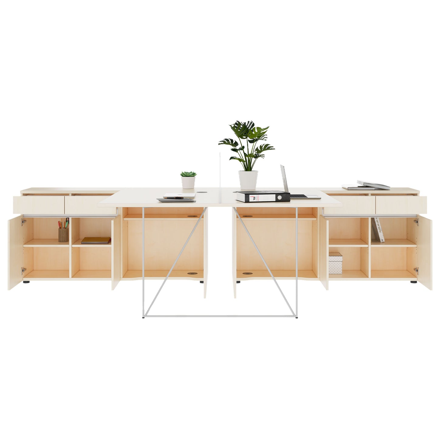 Bureau d'équipe AIR DUO avec buffets | 1600 - 2000 x 3200 mm, électrifié, érable