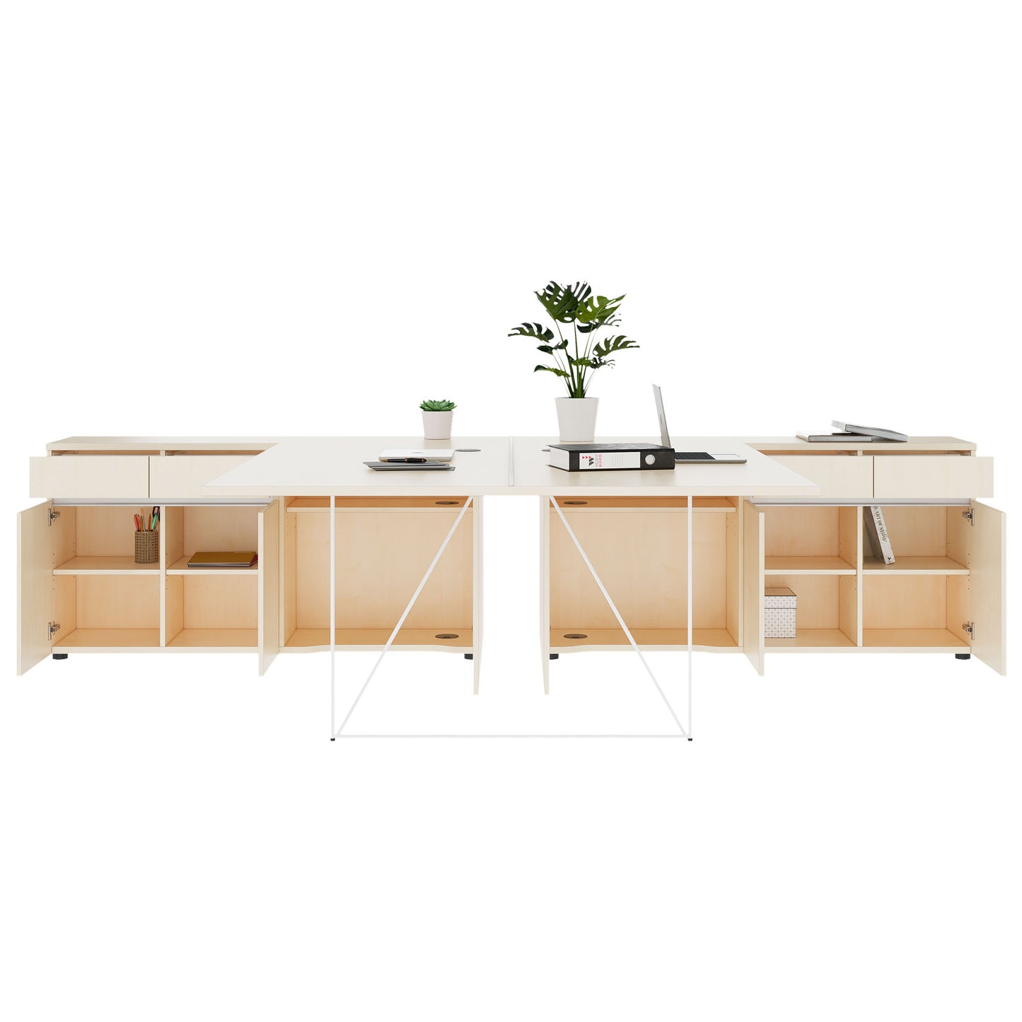 Bureau d'équipe AIR DUO avec buffets | 1600 - 2000 x 3200 mm, électrifié, érable