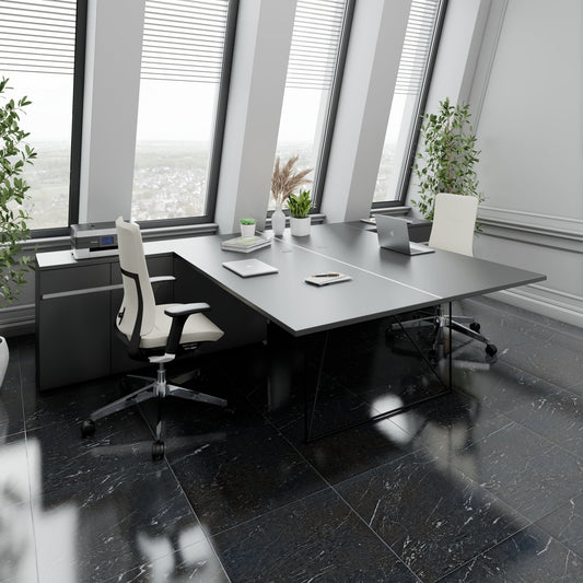 AIR DUO team desk with sideboards | 1600 - 2000 x 3200 mm, electrified, anthracite