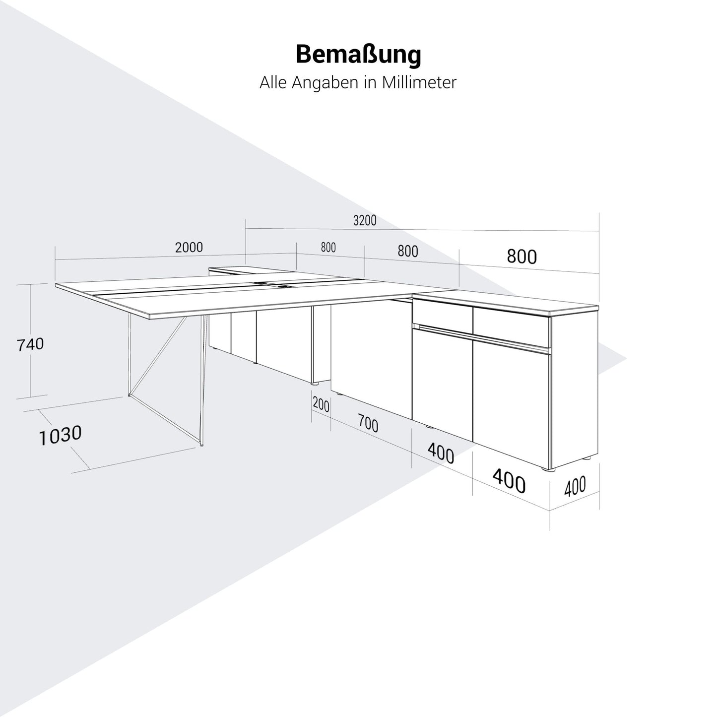 AIR DUO Team-Schreibtisch mit Sideboards | 1600 - 2000 x 3200 mm, elektrifiziert, Anthrazit