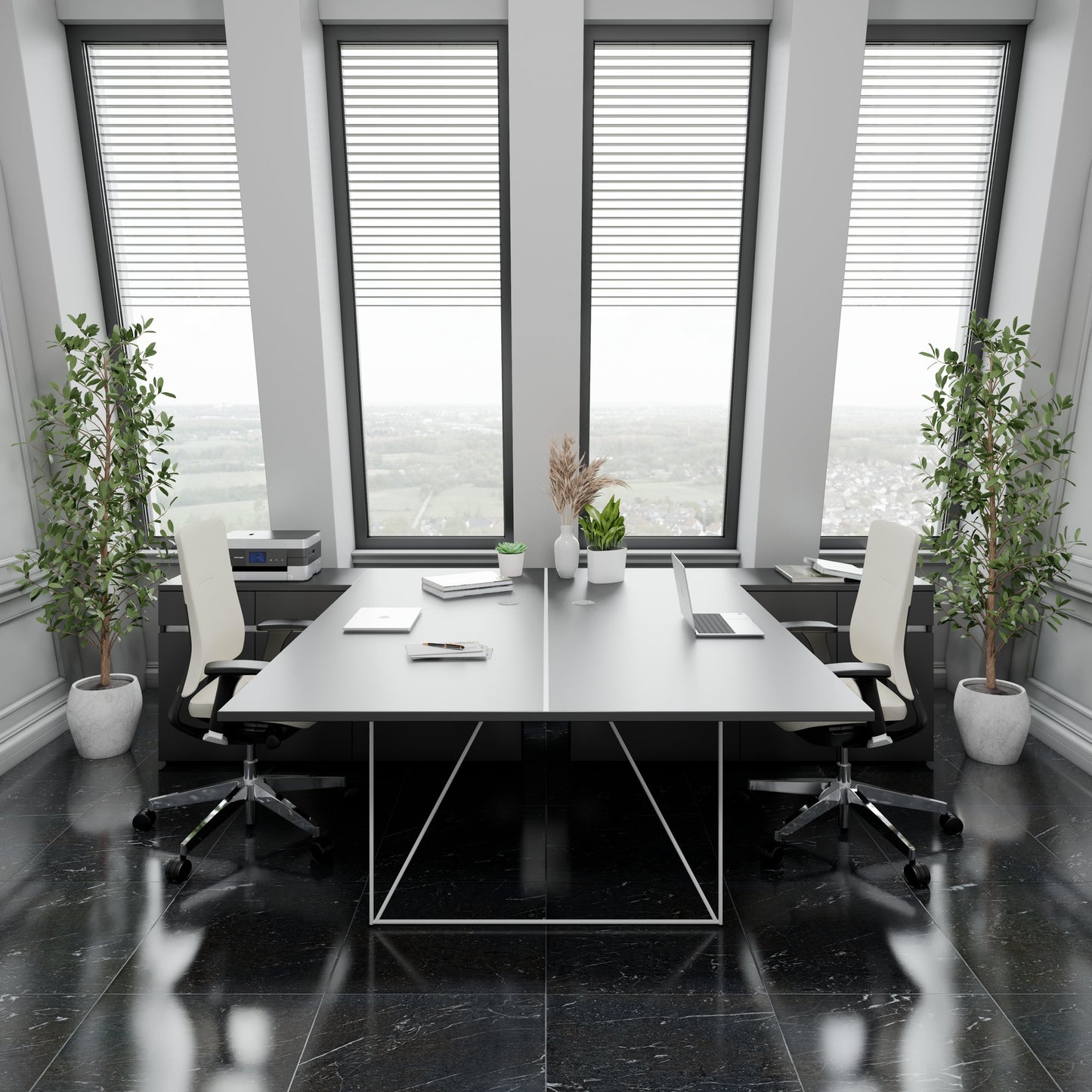 AIR DUO Desk del team con sideboard | 1600 - 2000 x 3200 mm, elettrificato, antracite
