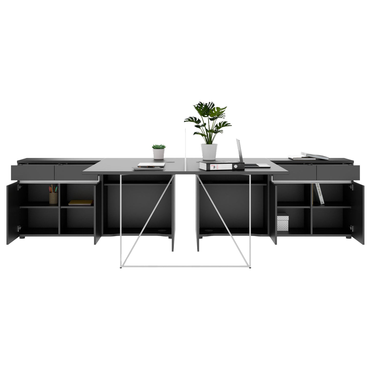 AIR DUO Desk del team con sideboard | 1600 - 2000 x 3200 mm, elettrificato, antracite