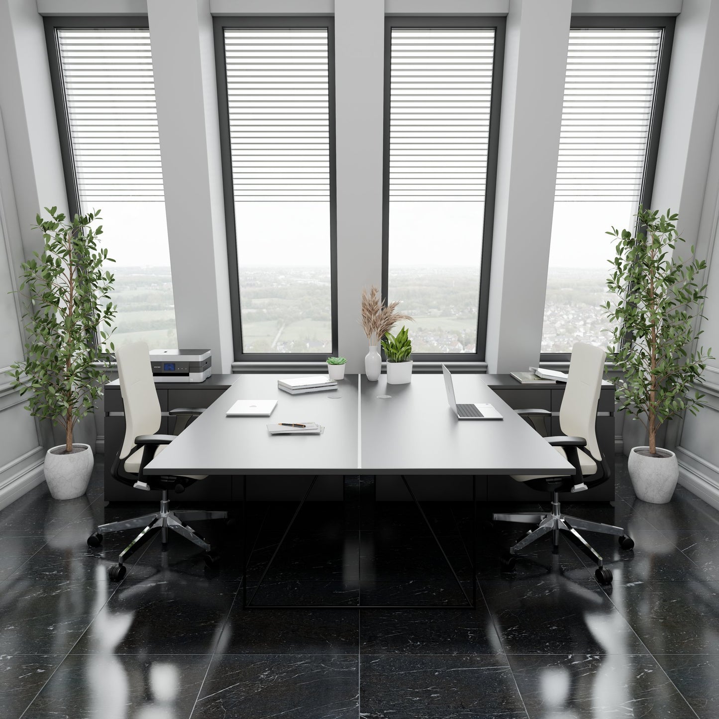 AIR DUO Desk del team con sideboard | 1600 - 2000 x 3200 mm, elettrificato, antracite