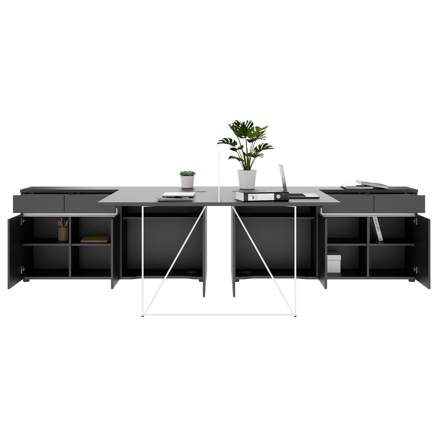 AIR DUO team desk with sideboards | 1600 - 2000 x 3200 mm, electrified, anthracite