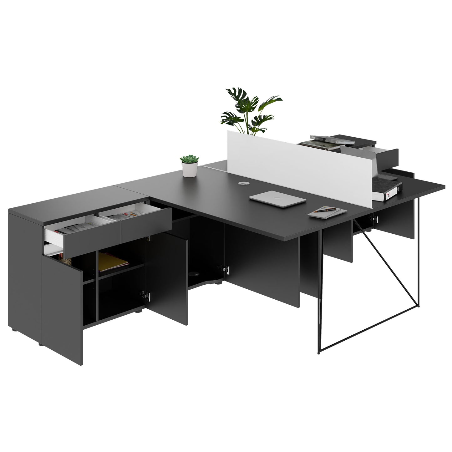 AIR DUO Team-Schreibtisch mit Sideboards | 1600 - 2000 x 3200 mm, elektrifiziert, Anthrazit